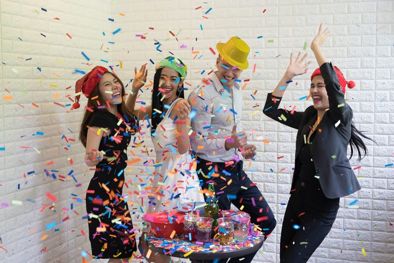 Happy business group people in santa hat having fun for celebrit