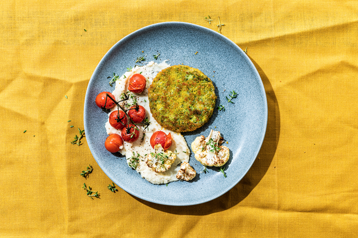 broccoli burger sofine met bloemkoolpuree